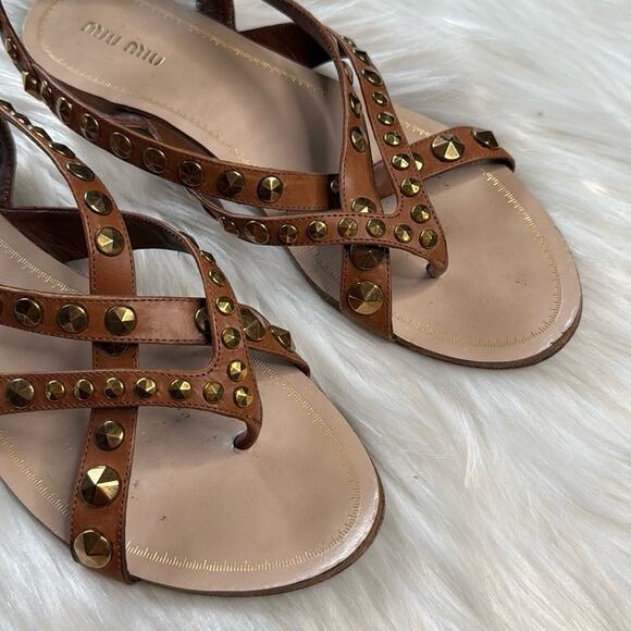 Miu Miu Brown Gold Studded Leather Sandals - Picture 2 of 9